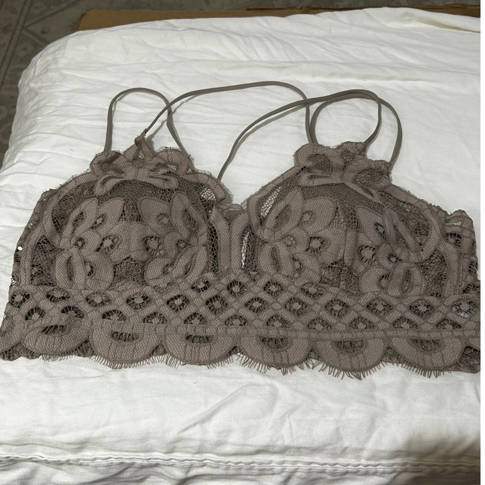 Zenana Women 1X Taupe Brown Floral Lace Bralette Smocked Back Strappy Padded